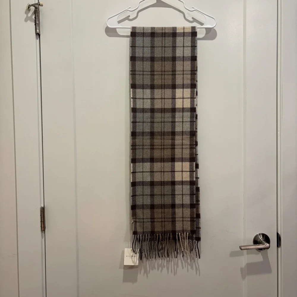 Kiltane Scotland Lambswool Scarf Neutral Aurora Classic Check Plaid Grey Brown